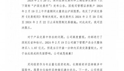 被沪深交易所公开谴责 灵均投资深夜致歉:将改进交易模型